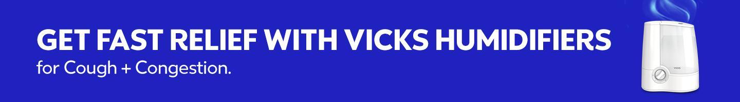 Vicks_Humidifiers.com_Allergy_Banner_CCF_1440x200 (1) Child next to a Vicks humidifier. Text on a blue background reads, "Powerful relief from cough & congestion" with Vicks logo.