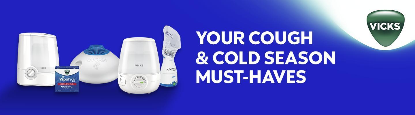 Vicks_Humidifiers.com_Allergy_Banner_CCF_1440x400 (2) 2 Vicks humidifiers and Vicks VapoSteam on a dark blue background with white text, "Find relief FAST."